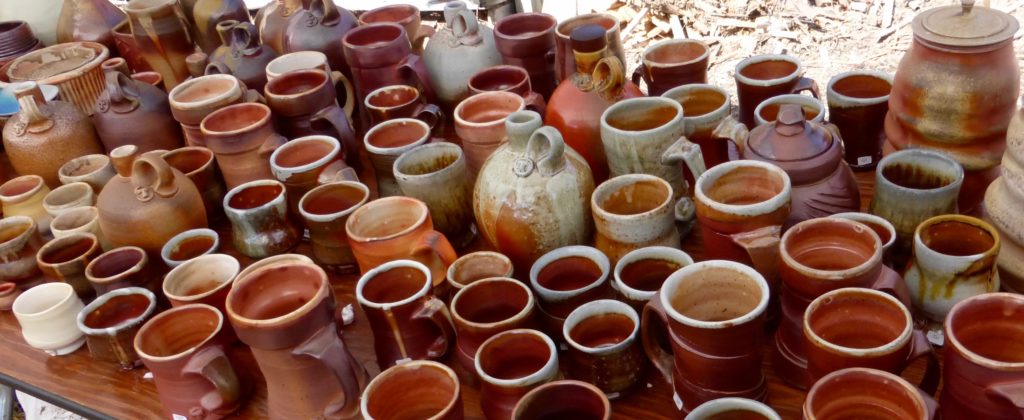 Pots just out of a wood firing at Gustin Pottery in Westport, MA