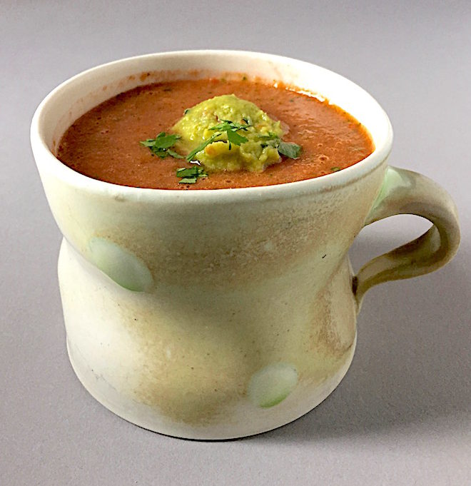 Summer gazpacho with guacamole Porcelain cup by Sam Chung