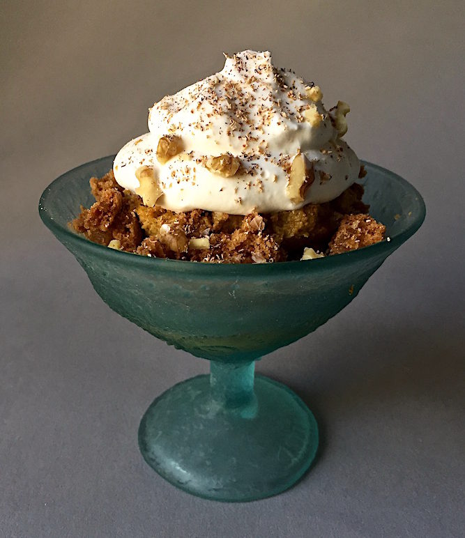 Pumpkin Pudding Parfait with crumbled ginger cookies, walnuts, whipped cream and nutmeg Glass Compote Dish by Fossil Glass/Christina Salusti