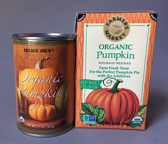 Organic pumpkin comes in cans and shelf stable boxes